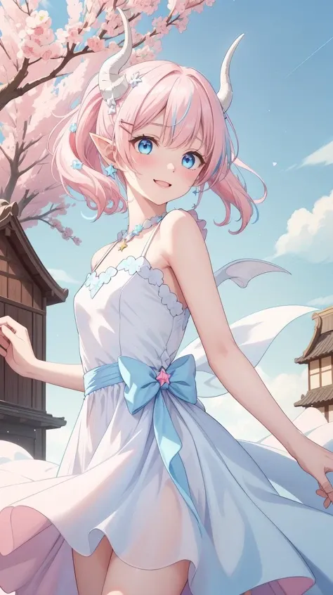 masterpiece, best quality, (Horny:1.3), (shy), (Innocent:1.5), (Yuta:1.0), less light, (star accessory on gown:1.4), (hair accessory:1.3), (hair pins:1.3), (on wind:1.5), Medium hair, small breast, (Two ponytails:1.3), POINTY EARS, smoothing, (Hear jewel hair ornament:1.3), (beautiful:1.2), (blue eyes), space eyes, HD, extra detailed, smile, (Cute:1.1), (solo:1.5), (Light Pink hair:1.5), hair above cheeks:1.5), (white dragon horns:1.3), Small Medium chest, (Sakura samsara background:1.3), Buildings, trees, Sky with stars, (Cute:1.2), (Light blue layer:1.5), (Light blue hair:1.4), Circle dress, Happy, (Assymetric chiffon dress:1.3), (white dress:1.5)