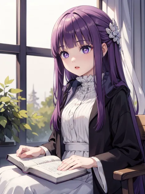 1girl, reading magic book, fernfrieren, purple eyes, purple pupils, white dress, robe, hair ornament, (Very long hair:1.3), hair above cheeks, 2d flat anime style, <lora:Fern:1>