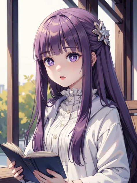 1girl, reading magic book, fernfrieren, purple eyes, purple pupils, white dress, robe, hair ornament, (Very long hair:1.3), hair above cheeks, 2d flat anime style, <lora:Fern:1>