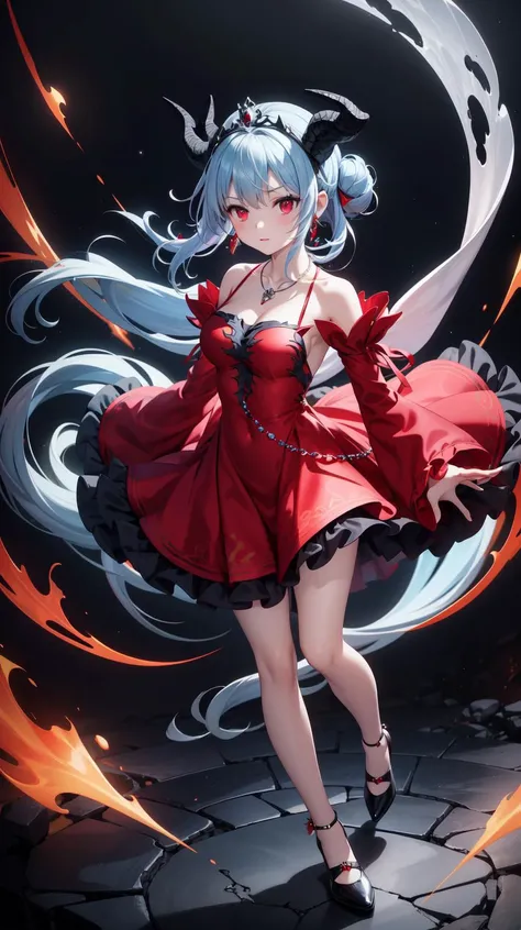 (Close up:0.7), (Black dragon horns:1.5), Dark room background, cracked room, unicerse background, nebula sky, galaxy in sky, (Holding a skull:1.2), Tiara, (Accessory:1.5), (red jewels:1.5), (Gypsy dress:1.2), (Crimson dress), (Short dress:1.2), short Circle skirt, (on wind:1.5), ((pale blue hair)), masterpiece, dynamic angle, light-blue hair, 1girl, red eyes, black spiral horns, ((necklace)), ((ruffle on back)), ((see-trough sleeves)), ((bun on head)), two long strands, less light, shoes, masterpiece, best quality, (black horns:1.3), (((crystals texture Hair))), ((beautiful detailed glass hair)), ((long light-blue hair)), (red eyes), (black spiral horns of medium size:1.3), ultra detailed, ((disheveled hair)), normal hands, full body, (1 girl), (solo), beautiful detailed eyes, (medium breast)