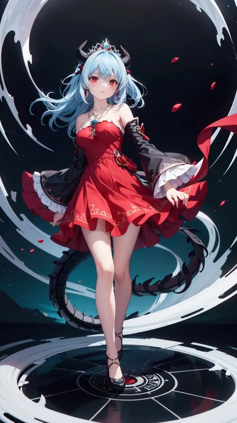 (Close up:0.7), (Black dragon horns:1.5), Dark room background, cracked room, unicerse background, nebula sky, galaxy in sky, (Holding a skull:1.2), Tiara, (Accessory:1.5), (red jewels:1.5), (Gypsy dress:1.2), (Crimson dress), (Short dress:1.2), short Circle skirt, (on wind:1.5), ((pale blue hair)), masterpiece, dynamic angle, light-blue hair, 1girl, red eyes, black spiral horns, ((necklace)), ((ruffle on back)), ((see-trough sleeves)), ((bun on head)), two long strands, less light, shoes, masterpiece, best quality, (black horns:1.3), (((crystals texture Hair))), ((beautiful detailed glass hair)), ((long light-blue hair)), (red eyes), (black spiral horns of medium size:1.3), ultra detailed, ((disheveled hair)), normal hands, full body, (1 girl), (solo), beautiful detailed eyes, (medium breast)