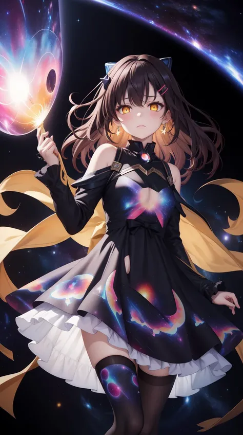 (Holding blackHole vortex in arm:1.4), (Nebula print on dress:1.4), Earrings, half closed eyes, (sad:1.2), (Frilled:1.3), open shoulders, (long galaxy sleeves), (ribbons:1.5), (hairpins:1.3), Circle galaxy skirt, purple hair, galaxy hair ornament, long hair, (on wind:1.5), (messy hair:1.5), sola4 gradient stockings, (glowing yellow eyes:1.3), (Galaxy print dress:1.5), masterpiece, best quality, Girl, (Black galaxy dress:1.3), (selestia:0.01), (Indifference:1.5)