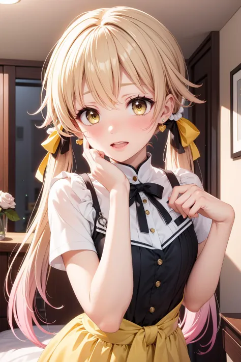yellow side slit dress, black ribbon waist, nose blush, shy, (gradient hair:1.4),  rosey hairpin, small breasts,  rose earrings, masterpiece, best quality, <lora:Blue Archive Hifumi_scarxzys 2024:0.7> hifumi, yellow eyes, light brown hair, bangs, long hair, low twintails, tied, hair ribbon,  party room, hands up, (facepalm), hands by face, bedroom. detailed face, looking at pov,