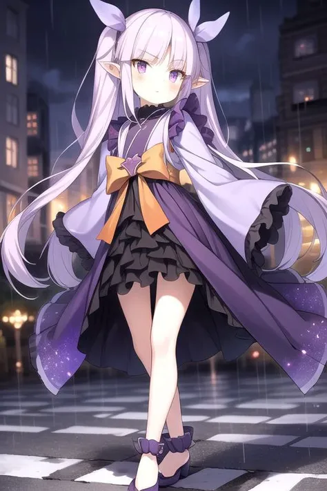 City, night, dark, low light, less light, masterpiece, best quality, walking, wind, rain, wide sleeves, purple dress, purple orange eyes, pointy ears, black skirt