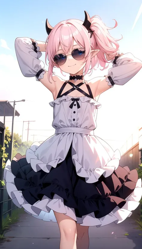 (White horns:1.3), (Arms over face:1.2), smile, Walking on wind, (dress:1.0), Innocent, Flat, Medium hair, Skirt, masterpiece, best quality, Side ponytail, (light pink hair:1.4), (gradient hair:1.3), Pointy ears, layered, frills, bare shoulders, sleeves, (light blue hair:1.3), (Wearing black sunglasses:1.1), Blue eyes