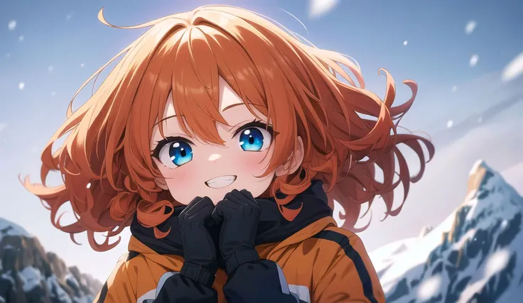 ultra high res, best quality, depth of field, from below, 1girl, chibi, face close-up, looking down, curly hair, long hair, orange hair, blue eyes, smile, teeth, black gloves, (hands on head:1.1), cotton-padded jacket in (grey,orange:1.1), (snowy mountains),(strong winds:1.2),