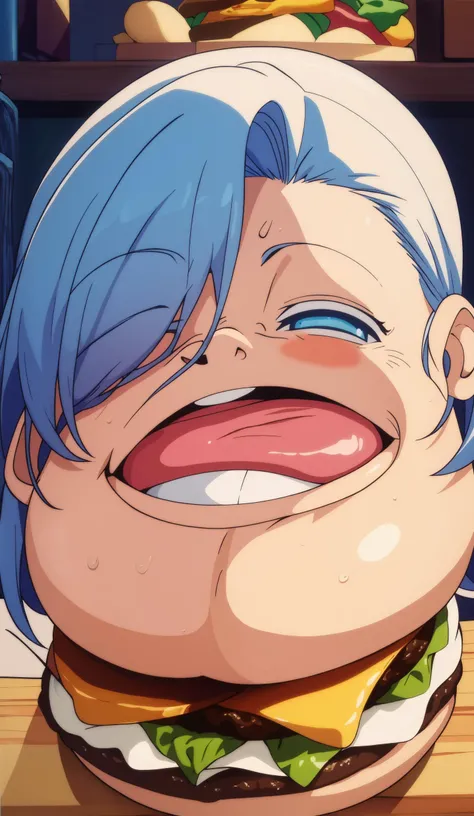 masterpiece, best quality, highly detailed, 1girl, (chibi,fat:1.4),burger in hand, eating burger, saliva,
<lora:cringe_face:0.55>, cringe_face, wrinkled, (laughing:1.5),