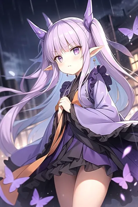 City, night, dark, low light, less light, masterpiece, best quality, walking, wind, rain, wide sleeves, purple dress, purple orange eyes, pointy ears, black skirt