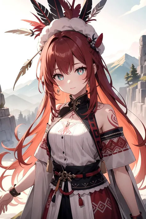1girl, (solo), (mountain background), (tribal girl:1.2), primitive, long hair, (red hair:1.1), chieftain, archaic, (feather clothes), (wool clothes), headwear, accessories, (tribal tatoos:1.3), (dutch angle:1.1), (masterpiece), (hyper detailed), (intricate detail), (detailed pupils), [high contrast], 8k, vivid color, dynamic, best quality, highres, highlight, shades,