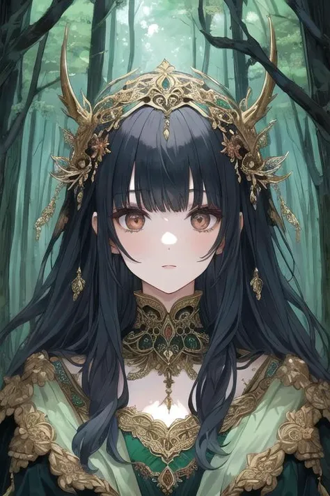 woman in a mythical forest, masterpiece, perfect face, intricate details, horror theme