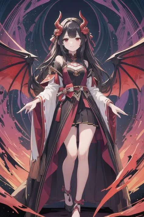 (masterpiece, top quality, best quality, vivid collors, official art, beautiful and aesthetic:1.2),(1girl:1.3), (fractal art:1.3), adult woman, full body image, fake body, looking at viewer,patterns, black hair in a three-strand braid, dark red eyes, small red horns, red dragon wings,
