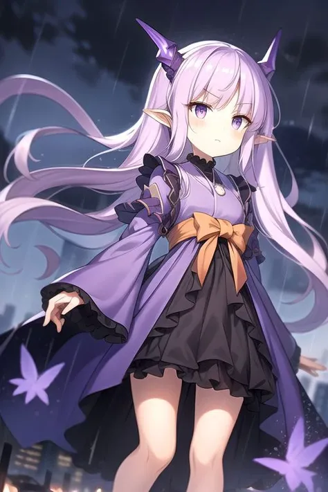 City, night, dark, low light, less light, masterpiece, best quality, walking, wind, rain, wide sleeves, purple dress, purple orange eyes, pointy ears, black skirt