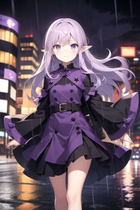 City, night, walking, wind, rain, wide sleeves, purple dress, purple orange eyes, pointy ears, black skirt