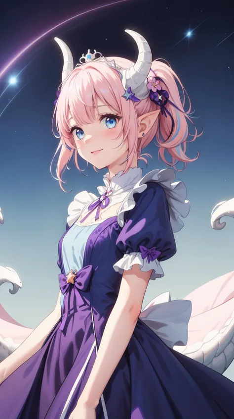 masterpiece, best quality, (Horny:1.3), (shy), (Innocent:1.5), (Yuta:1.0), less light, (star accessory on gown:1.4), (hair accessory:1.3), (hair pins:1.3), (on wind:1.5), Medium hair, small breast, (Two ponytails:1.3), POINTY EARS, smoothing, (Hear jewel hair ornament:1.3), (beautiful:1.2), (blue eyes), space eyes, HD, extra detailed, smile, (Cute:1.1), (solo:1.5), (Light Pink hair:1.5), hair above cheeks:1.5), (white dragon horns:1.3), Small Medium chest, (Sakura samsara background:1.3), Buildings, trees, Sky with stars, (Cute:1.2), (Light blue layer:1.5), (Light blue hair:1.4), Circle dress, (Purple victorian dress:1.4)
