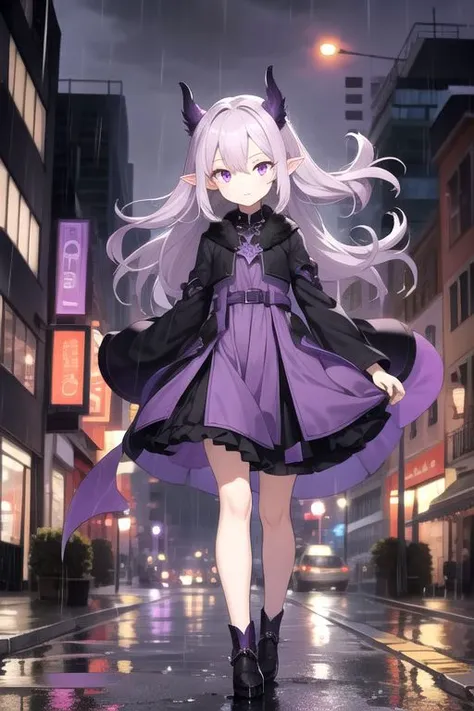 City, night, walking, wind, rain, wide sleeves, purple dress, purple orange eyes, pointy ears, black skirt