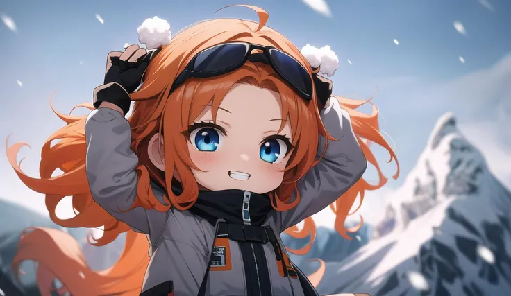 ultra high res, best quality,  depth of field, from below, 1girl, (chibi:1.5), face close-up, looking down, curly hair, long hair, orange hair, blue eyes, smile, teeth, black gloves, (hands on head:1.1),   cotton-padded jacket in (grey,orange:1.1), (snowy mountains),(strong winds:1.2),