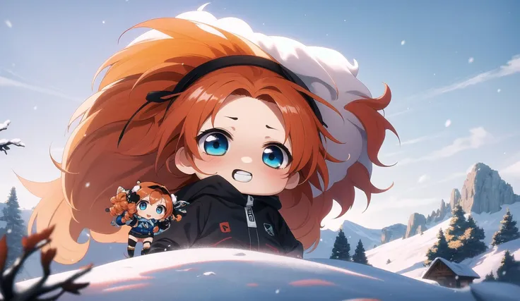 ultra high res, best quality, depth of field, from below, 1girl, (chibi:1.8), face close-up, looking down, curly hair, long hair, orange hair, blue eyes, smile, teeth, black gloves, (hands on head:1.1), cotton-padded jacket in (grey,orange:1.1), (snowy mountains),(strong winds:1.2),