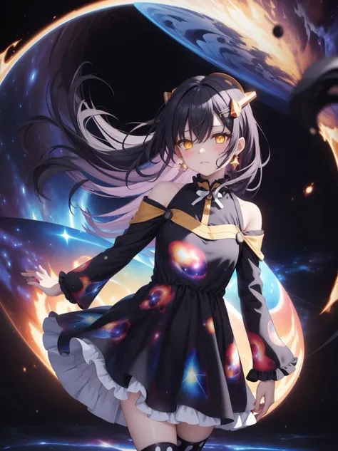 (Holding blackHole vortex in arm:1.4), (Nebula print on dress:1.4), Earrings, half closed eyes, (sad:1.2), (Frilled:1.3), open shoulders, (long galaxy sleeves), (ribbons:1.5), (hairpins:1.3), Circle galaxy skirt, purple hair, galaxy hair ornament, long hair, (on wind:1.5), (messy hair:1.5), sola4 gradient stockings, (glowing yellow eyes:1.3), (Galaxy print dress:1.5), masterpiece, best quality, Girl, (Black galaxy dress:1.3), (selestia:0.01), (Indifference:1.5)