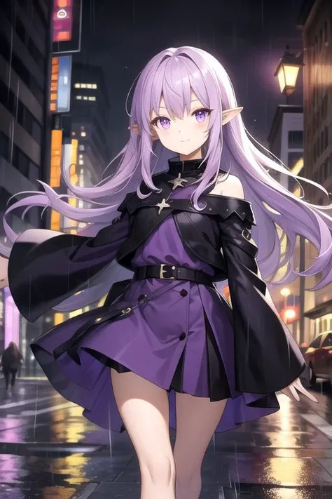 City, night, walking, wind, rain, wide sleeves, purple dress, purple orange eyes, pointy ears, black skirt