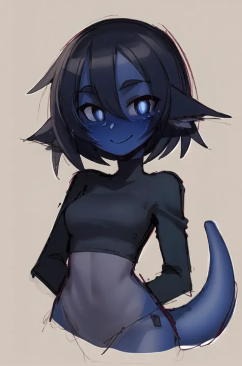 (((1girl, solo))), (blue skin), colored skin, masterpiece, best quality, Smouldie, short hair, (tail:1.2), upper body, cropped torso, looking at viewer, smile, blushing, (sketch, squiggle), simple background, beige background <lora:Smolder_101:0.9>