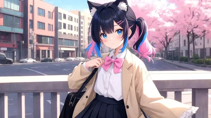 masterpiece, best quality, 1girl, looking at viewer, blush, bangs, blue eyes, black hair, hair ornament, staying, blue hair, white shirt, pink hair, multicolored_hair, pleated skirt, hairclip, outdoors, miniskirt, black skirt, two-tone hair, cat ear, black bow, extra ears, black bowtie, (two hair tails), beige jacket