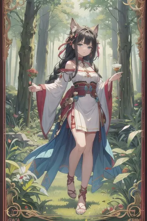 (masterpiece, top quality, best quality, vivid collors, official art, beautiful and aesthetic:1.2),(1girl:1.3), (fractal art:1.3), adult woman, full body image, fake body, small breast, flat chest, looking at viewer, black hair in a three-strand braid, druid, in a forrest,