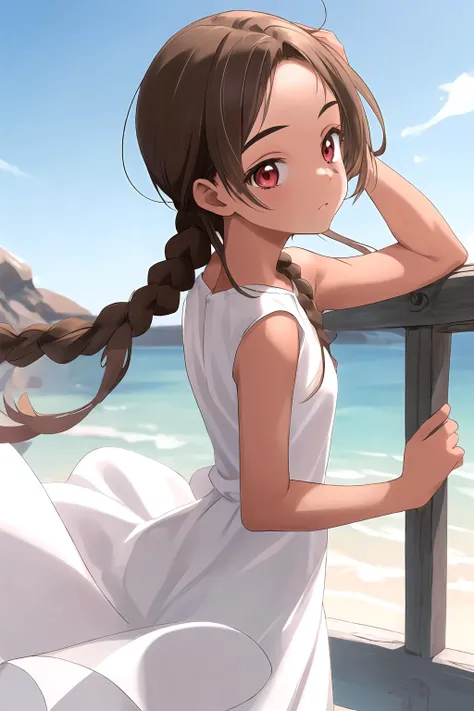 masterpiece, highres, best quality, 1girl, solo, cowboy shot, outdoors, 4s4hina, brown hair, white dress, bare shoulders, tanned skin, front angle, from the front, red eyes, <lora:asahina-04:1>