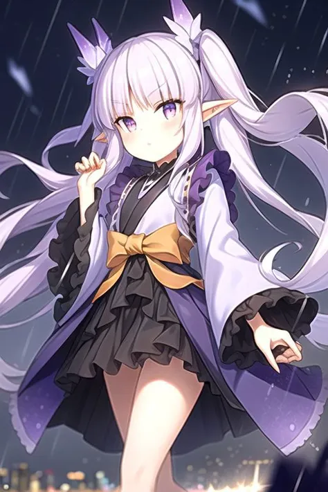 City, night, walking, wind, rain, wide sleeves, purple dress, purple orange eyes, pointy ears, black skirt