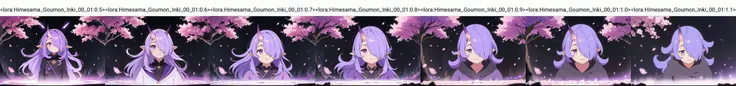 (masterpiece, best quality:1.2), highres, best illustration, 8k wallpaper, (Traditional Media), (2d:1.2), wide shot, (dynamic angle:1.1), , outline, ((thick lineart)), cover, stylish, official art, (details:1.2), (fantasy), garden, (bloom:1.1), glow:0.2, shadow, nature, cherry blossoms, particles, (depth of field), sharp focus, (volumetric lighting), (bokeh:0.6), film grain:0.4, day, (soft lighting:1.1), innkki, oni horns, single horn, pointy ears, purple hair, long hair, hair over one eye, purple eyes, one eye covered, looking at viewer, full body, <lora:Himesama_Goumon_Inki_00_01:0.5>