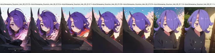 (masterpiece, best quality:1.2), highres, best illustration, 8k wallpaper, (Traditional Media), (2d:1.2), wide shot, (dynamic angle:1.1), , outline, ((thick lineart)), cover, stylish, official art, (details:1.2), (fantasy), garden, (bloom:1.1), glow:0.2, shadow, nature, cherry blossoms, particles, (depth of field), sharp focus, (volumetric lighting), (bokeh:0.6), film grain:0.4, day, (soft lighting:1.1), innkki, oni horns, single horn, pointy ears, purple hair, long hair, hair over one eye, purple eyes, one eye covered, looking at viewer, full body, <lora:Himesama_Goumon_Inki_00_01:0.5>