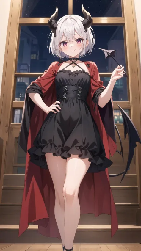 masterpiece, best quality, highres, BREAK, , gothic institute nighttime, , elegant, , hand on hip, thighs, elderly,, colored skin,kawaii, , demon, sanpaku, , bashful smile,