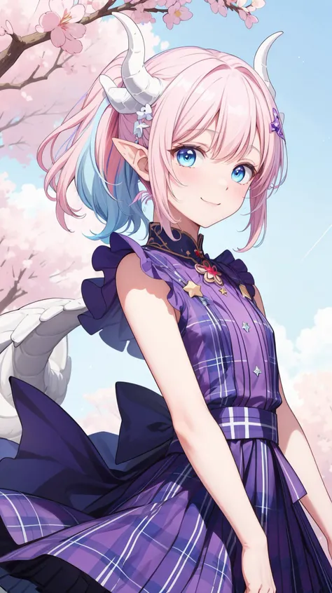 masterpiece, best quality, (Horny:1.3), (shy), (Innocent:1.5), (Yuta:1.0), less light, (star accessory on gown:1.4), (hair accessory:1.3), (hair pins:1.3), (on wind:1.5), Medium hair, small breast, (Two ponytails:1.3), POINTY EARS, smoothing, (Hear jewel hair ornament:1.3), (beautiful:1.2), (blue eyes), space eyes, HD, extra detailed, smile, (Cute:1.1), (solo:1.5), (Light Pink hair:1.5), hair above cheeks:1.5), (white dragon horns:1.3), Small Medium chest, (Sakura samsara background:1.3), Buildings, trees, Sky with stars, (Cute:1.2), (Light blue layer:1.5), (Light blue hair:1.4), Circle dress, Happy, (Purple idol dress:1.3), (purple plaid skirt:1.3)