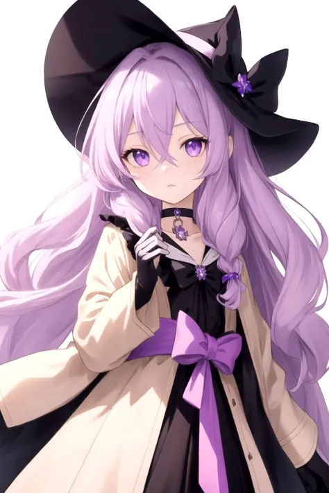 very long hair, masterpiece, best quality, 1girl, solo, looking at viewer, hair between eyes, lilac eyes, lilac hair, choker, black dress, sash, wavy hair, black choker, expressionless, beige jacket, close mouth, black gloves