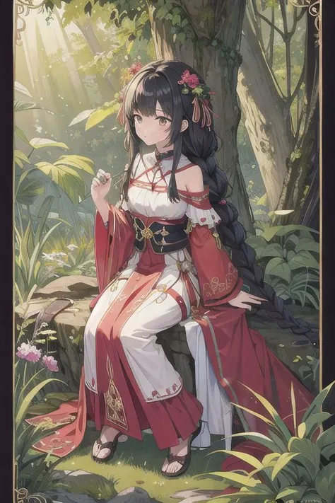 (masterpiece, top quality, best quality, vivid collors, official art, beautiful and aesthetic:1.2),(1girl:1.3), (fractal art:1.3), adult woman, full body image, fake body, small breast, flat chest, looking at viewer, black hair in a three-strand braid, druid, in a forrest,