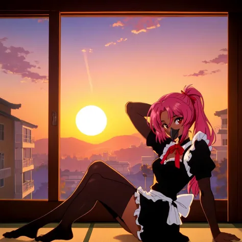 anthro,black (beak:1.4),1girl,humanoid,half human half crow,maid, pink hair,two ponytails,(dark skin),Sunsetâs golden hues kiss the horizon, infusing warmth into every pixel, indoors, japanese house, open window,<lora:Anthro-Birds-v3.2.2-no_offset:1> <lora:evangelion_anime_style_offset:1>