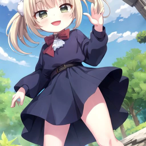 blue dress, white shirt, twin tails, blonde, green eyes, flat