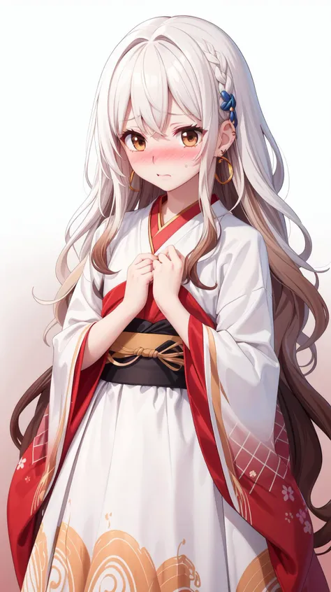 (wavy hair:1.2), (Very long hair:1.3), (Red layer), (Aesthetic medium chest:1.2), masterpiece, best quality, Solo, hair above cheeks, diamond earrings, Circle dress:1.2), Anime print on clothes, White clothes, (Embarrassed:1.6), (Nose blush:1.34), (Small chest:1.1), (Brown hair:1.5), (white hair:1.5), (gradient hair:1.4), (Highlighting:1.2), (Hanfu doll choli dress)
