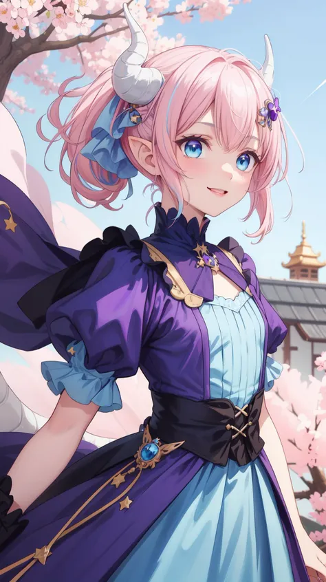 masterpiece, best quality, (Horny:1.3), (shy), (Innocent:1.5), (Yuta:1.0), less light, (star accessory on gown:1.4), (hair accessory:1.3), (hair pins:1.3), (on wind:1.5), Medium hair, small breast, (Two ponytails:1.3), POINTY EARS, smoothing, (Hear jewel hair ornament:1.3), (beautiful:1.2), (blue eyes), space eyes, HD, extra detailed, smile, (Cute:1.1), (solo:1.5), (Light Pink hair:1.5), hair above cheeks:1.5), (white dragon horns:1.3), Small Medium chest, (Sakura samsara background:1.3), Buildings, trees, Sky with stars, (Cute:1.2), (Light blue layer:1.5), (Light blue hair:1.4), Circle dress, (Purple victorian dress:1.4), Happy