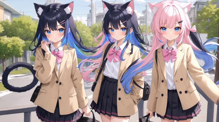masterpiece, best quality, 1girl, solo, looking at viewer, blush, bangs, blue eyes, black hair, hair ornament, staying, blue hair, white shirt, pink hair, multicolored_hair, pleated skirt, hairclip, outdoors, miniskirt, black skirt, two-tone hair, cat ear, black bow, extra ears, black bowtie, (two hair tails), beige jacket
