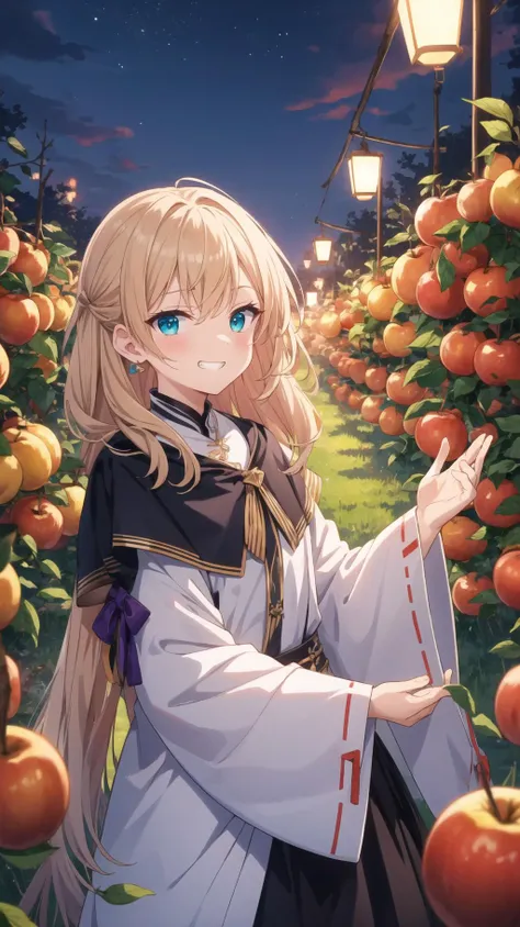 masterpiece, best quality, highres, BREAK, , new orchard nighttime, , old, character focus, clapping hands, , mature female,looking down, ,beauty, , aqua, , cute, evil grin,
