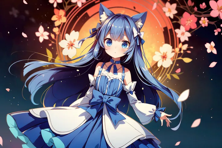 (2d:1.2), wide shot, (dynamic angle:1.1), outline, ((thick lineart)), cover, stylish, official art, (details:1.2), (fantasy), garden, (bloom:1.1), glow:0.2, shadow, nature, cherry blossoms, particles, (depth of field), sharp focus, (volumetric lighting), (bokeh:0.6), film grain:0.4, (soft lighting:1.1),( tzummn:1.4), long hair, blush, blue hair, animal ears, looking at viewer, dress, detached sleeves, bow, choker, ribbon, bangs, thighhighs <lora:Miniwa_Tsumiki_10_01:1><lora:FelixArgyle:0.3> <lora:add_detail:0.8>