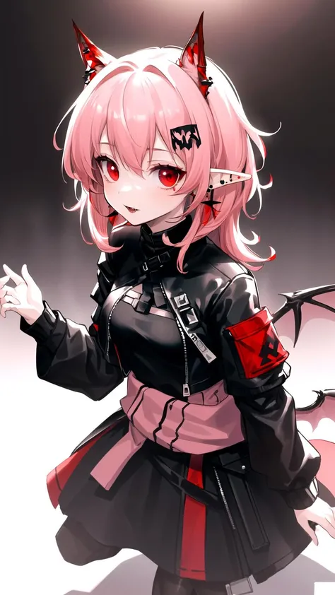 masterpiece, best quality, cute, ((child)), full body, cinematic lighting, volumetric lighting, detailed eyes, light and shadow, dynamic lighting, ultra detailed, very small breast, 1girl, solo, beautiful and delicate, ((arknights)), ((pretentious vampire)), elf ears, ((short and messy hair)), ((light-pink hair)), (red eyes), ((black dress)), (earrings), (red gem), ((black jacket)), (black bow on waist)