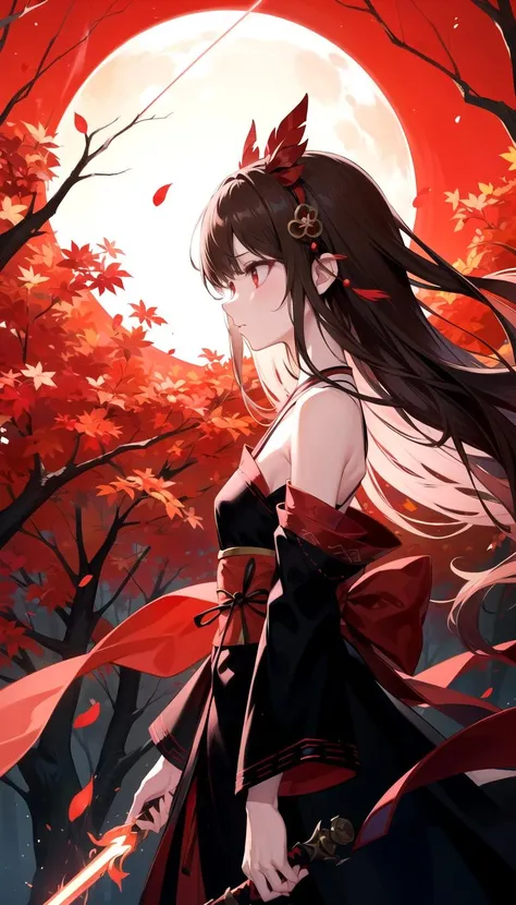 (On wind:1.3), Japanese hair ornament, (Red blade glow:1.1), (static glow electric glow:1.1), (red glow:1.1), (Red blade lightning:1.2), (red particles), Dark Brown hair, holding sword, (from side:1.5), Lake, Brown hair, (Chiffon), Circle skirt, Circle dress, Night, Red leafs, red trees backround, Small breast, Long hair, masterpiece, best quality, Red dres, red eyes, black dress, Short Circle yukata, Choli, assymetrical, victorian, (tired)