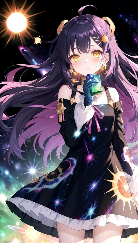 (Nebula print on dress:1.4), Earrings, (holding a sun on arm:1.3), half closed eyes, (sad:1.2), (Frilled:1.3), open shoulders, (long galaxy sleeves), (ribbons:1.5), (hairpins:1.3), Circle galaxy skirt, purple hair, galaxy hair ornament, long hair, (on wind:1.5), (messy hair:1.5), sola4 gradient stockings, (glowing yellow eyes:1.3), (Galaxy print dress:1.5), masterpiece, best quality, Girl, (Black galaxy dress:1.3), (selestia:0.01)