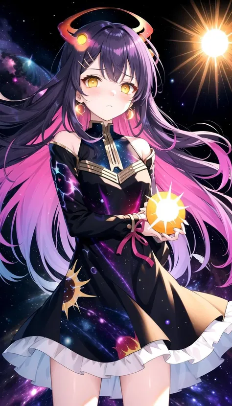 (Nebula print on dress:1.4), Earrings, (holding a sun on arm:1.3), half closed eyes, (sad:1.2), (Frilled:1.3), open shoulders, (long galaxy sleeves), (ribbons:1.5), (hairpins:1.3), Circle galaxy skirt, purple hair, galaxy hair ornament, long hair, (on wind:1.5), (messy hair:1.5), sola4 gradient stockings, (glowing yellow eyes:1.3), (Galaxy print dress:1.5), masterpiece, best quality, Girl, (Black galaxy dress:1.3), (selestia:0.01)