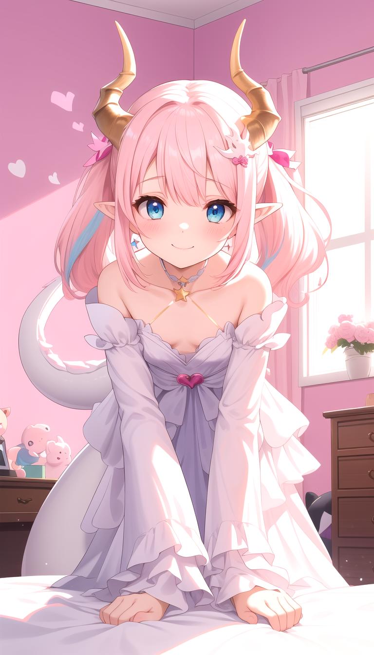 Anime girl with horns and dress sitting on bed in pink room - SeaArt AI