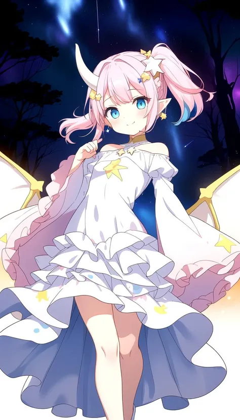 (Asymmetric chiffon white gown:1.5), (wondering pose:1.6), (full body), (shy), (Innocent:1.5), (Yuta:1.0), (circle gown:1.5), (Long sleeves:1.4), (fluffy sleeves:1.4), (Wide sleeves:1.3), less light, (star accessory on gown:1.4), (light blue layer 1.4), (hair accessory:1.3), (layered:1.5), (point particles:1.5), (hair pins:1.3), (on wind:1.5), Child face, Medium hair, (medium breast:1.5), (side ponytail:1.3), POINTY EARS, smoothing, (Hear jewel hair ornament:1.3), (beautiful:1.2), (blue eyes), space eyes, HD, extra detailed, smile, (Cute:1.1), (stardust forest background:1.5), (trees:1.4),(dark night:1.4) (solo:1.5), (Light Pink hair:1.6), (hair above cheeks:1.5), masterpiece, best quality, (white dragon horns:1.35), (light blue hair:1.45), masterpiece, best quality, adult, (stars print dress:1.7)