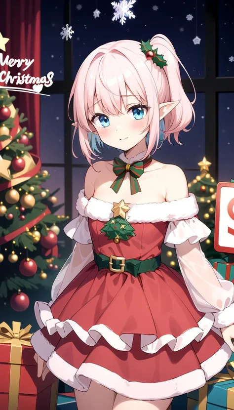 Happy, (Light pink hair:1.35), (Red Christmas dress:1.3), Christmas hair ornament, (glowing Christmas tree:1.3), (blush:1.2), Innocent, (shy:1.2), cute, Flat, Medium hair, Skirt, masterpiece, best quality, Side ponytail, (gradient hair:1.0), white horns, Pointy ears, layered, frills, bare shoulders, sleeves, (Light blue hair:1.2), (Glowing sign text:1.3), Blue eyes