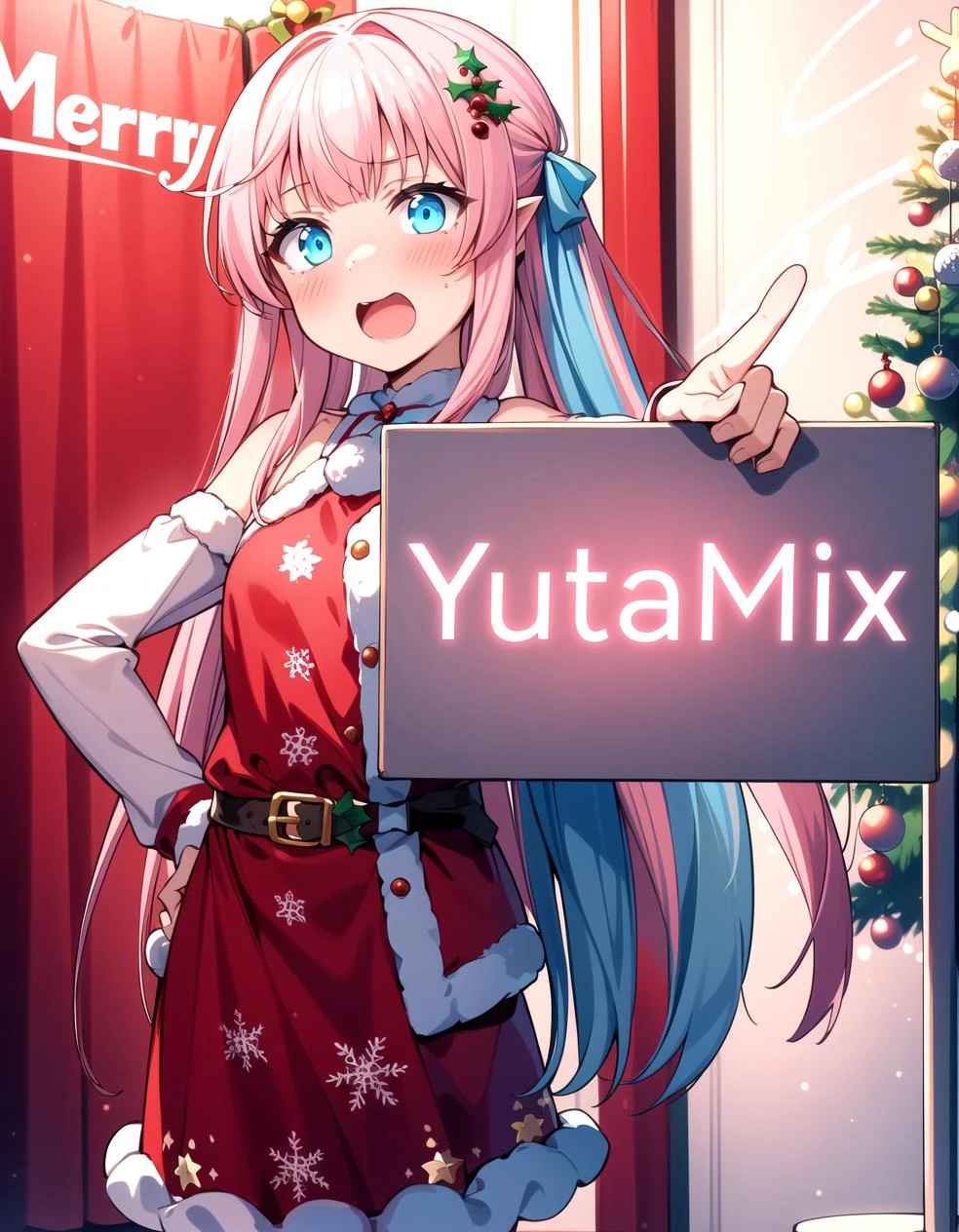 (Red Christmas dress:1.3), Christmas hair ornament, (glowing Christmas tree:1.3), (blush:1.2), Innocent, (shy:1.2), cute, Flat, Medium hair, Skirt, masterpiece, best quality, Side ponytail, (light pink hair:1.3), (gradient hair:1.0), white horns, Pointy ears, layered, frills, bare shoulders, sleeves, (Light blue hair:1.2), (Glowing sign text:1.3)
