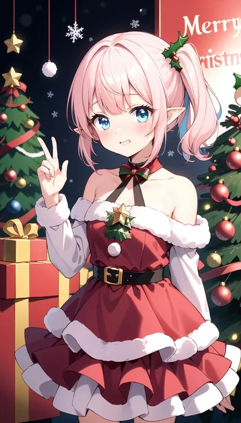 Happy, (Light pink hair:1.35), (Red Christmas dress:1.3), Christmas hair ornament, (glowing Christmas tree:1.3), (blush:1.2), Innocent, (shy:1.2), cute, Flat, Medium hair, Skirt, masterpiece, best quality, Side ponytail, (gradient hair:1.0), white horns, Pointy ears, layered, frills, bare shoulders, sleeves, (Light blue hair:1.2), (Glowing sign text:1.3), Blue eyes